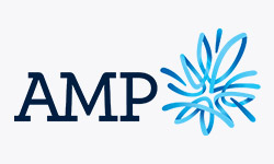 AMP logo featuring bold dark blue letters “AMP” on the left and an abstract, interwoven blue line design on the right, set against a light gray background.