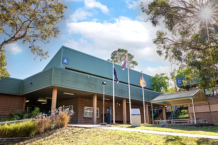 TAFE NSW Glendale campus featuring a modern green-roofed building with brick walls, three flagpoles displaying Australian and Aboriginal flags, and surrounding gum trees under a bright blue sky with sunlight filtering through the branches.