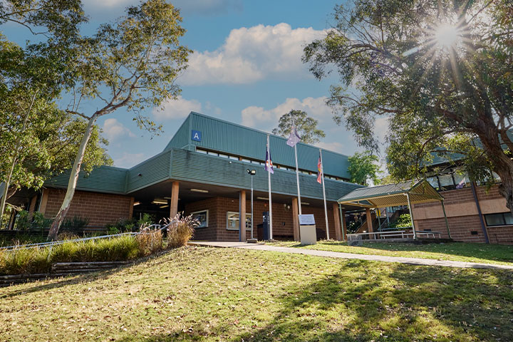 TAFE NSW Glendale campus featuring a modern green-roofed building with brick walls, three flagpoles displaying Australian and Aboriginal flags, and surrounding gum trees under a bright blue sky with sunlight filtering through the branches.
