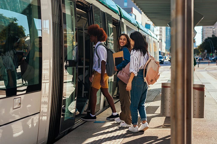 Students boarding a train