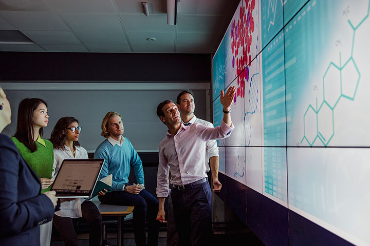 Business professionals analysing data on a big screen