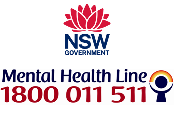 NSW Government logo above text that reads ‘Mental Health Line 1800 011 511' with the Mental Health Line’s small circular brand mark next to the phone number.
