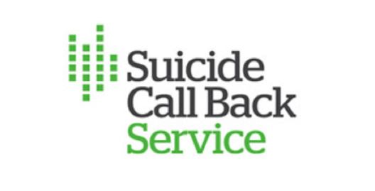 White background with text that reads 'Suicide Call Back Service' alongside a graphic of four vertical bars of varying heights. Each bar is made up of small green squares.