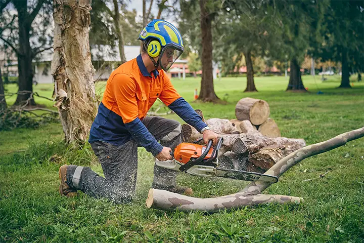 TAFE NSW arboriculture student kneels on grass while using a chainsaw to cut a fallen tree branch, wearing a helmet with ear protection, gloves, and high‑visibility clothing, with cut logs, tree trunks, and parkland visible in the background during chainsaw operations training.