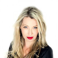 A headshot image of Kylie Ryan smiling at the camera. She is wearing a black shirt. She has long blonde hair and bright red lipstick.