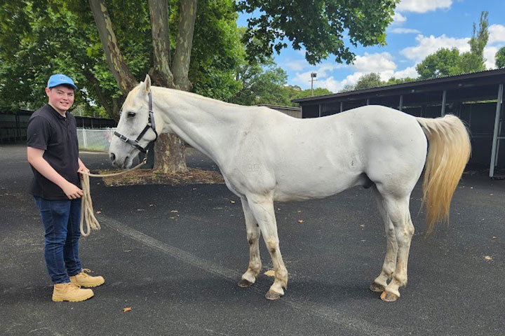 Harrison Edward stands wearing a black polo and dark blue jeas next to a white race horse.