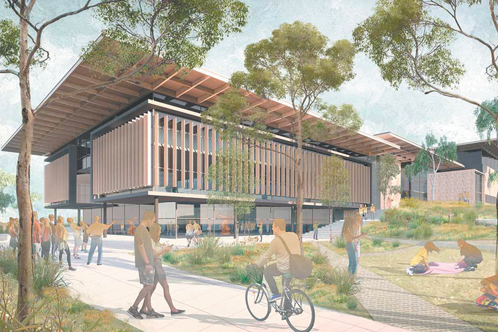 Artist's impression of a campus building featuring a cantilevered roof, surrounded by native trees. The grounds are busy with people walking and riding bicycles in the foreground.