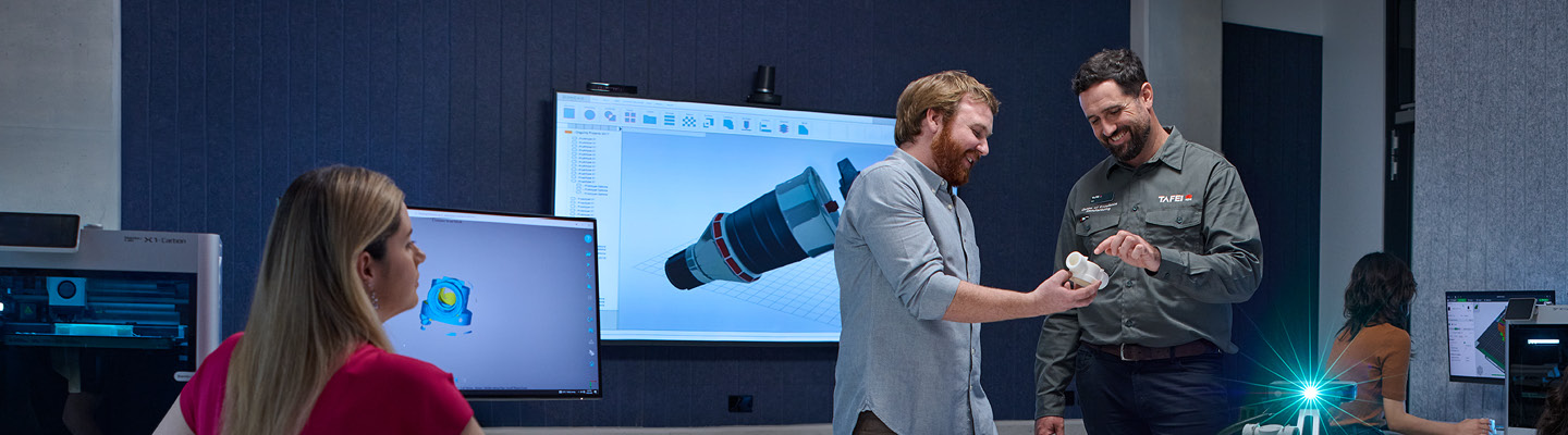 Team working collaboratively to create a 3D model from a real-world item