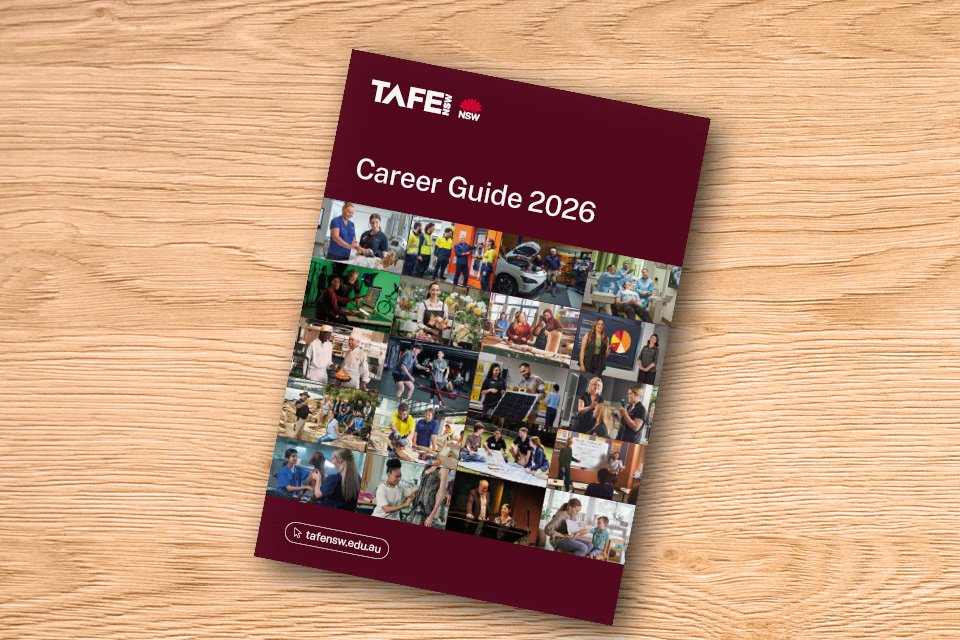 Cover of the ɫֱCareer Guide 2026 featuring a maroon background, ɫֱlogo, grid of images showing career activities, and website link tafensw.edu.au.