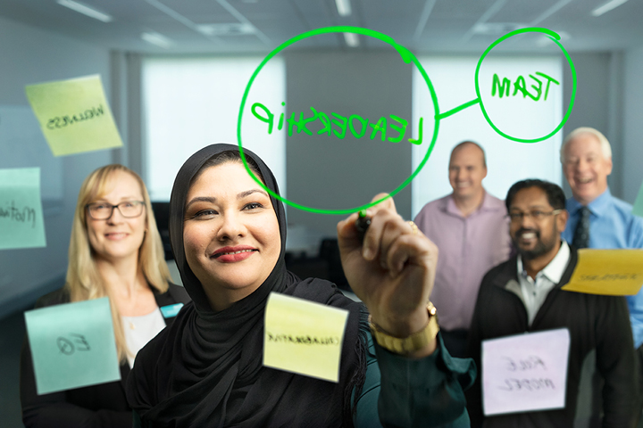Group of people behind a glass wall covered with sticky notes, with one person writing 'LEADERSHIP' and an arrow pointing to 'TEAM'