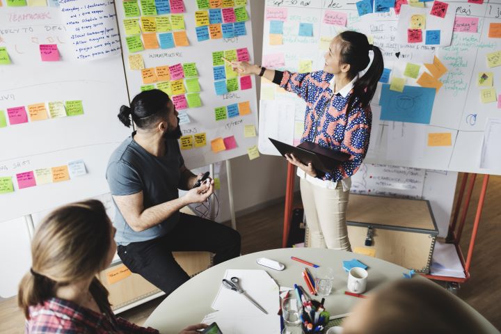 A team of people working together to collaborate on their ideas. There are three boards covered with colourful post it notes. 