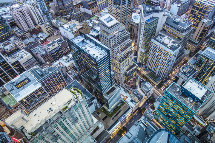 An aerial photograph of many skyscrapers in a city.