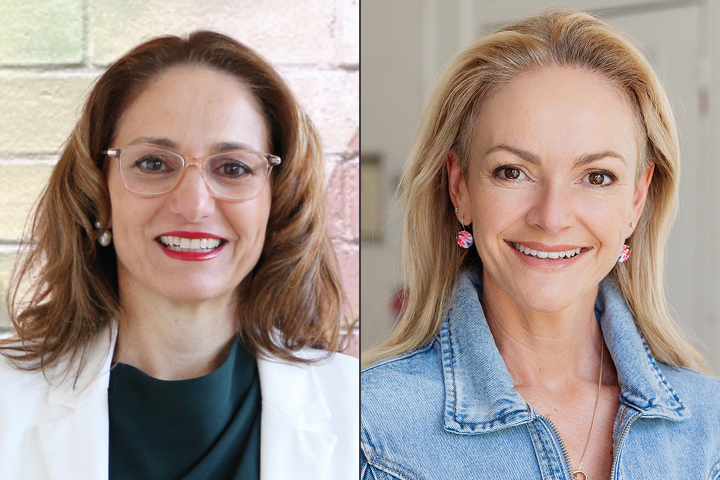 Two women featured side by side, one wearing a white blazer over a dark green top with shoulder-length brown hair, and the other wearing a light denim jacket with long blonde hair and pink earrings, promoting the Women in Business webinar on confidence and empowerment presented by Sonia Casanova and Jo Buckingham.