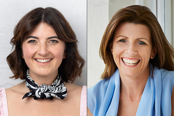 Promotional image for the Women in Business webinar featuring two individuals wearing professional attire, one in a light pink top with a black-and-white patterned scarf and the other in a light blue blouse, set against neutral indoor backgrounds.