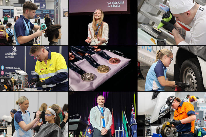 Collage of nine photos featuring skilled individuals in hairdressing, makeup, vehicle mechanics, and other trades, with WorldSkills Australia branding and award presentations.