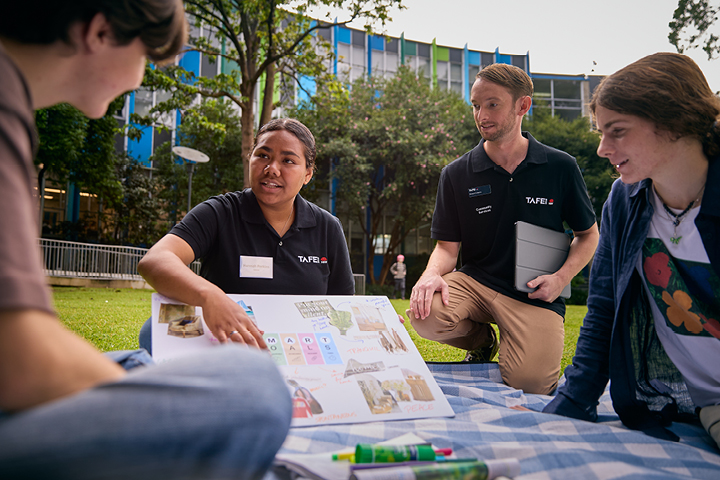 Group of students engaged in an outdoor study session on a campus lawn, with educational materials spread out on a picnic blanket.