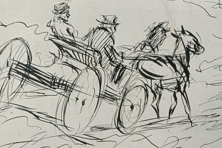 Ink drawing of a horse-drawn carriage with two passengers. The carriage is moving at speed, suggested by the blurred lines and the horse's running gait.