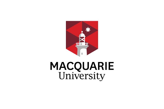 Macquarie University brand logo with a lighthouse beacon and white star over a red shield comprising burgundy and red triangles. The word mark is positioned underneath.