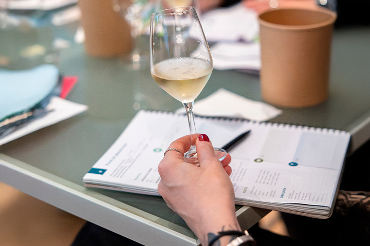 A hand holds a glass of white wine