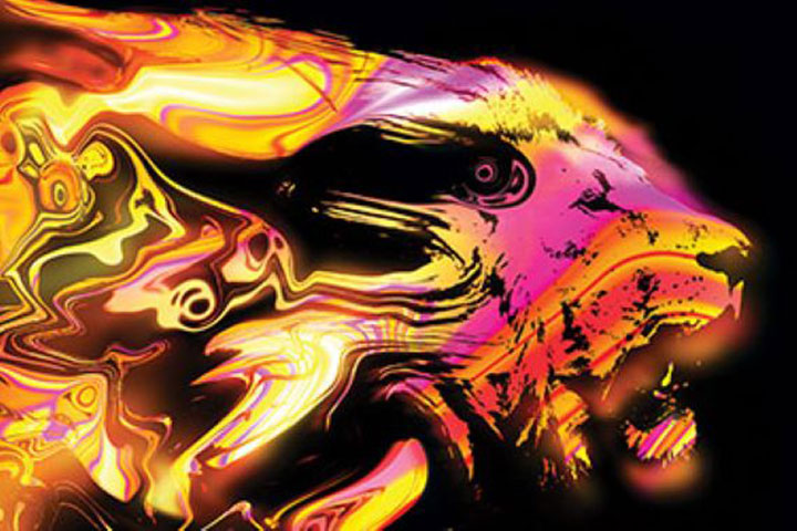 This is an image of a digitally rendered lion. It is coloured bright pink, yellow and orange and is glowing against a black background.