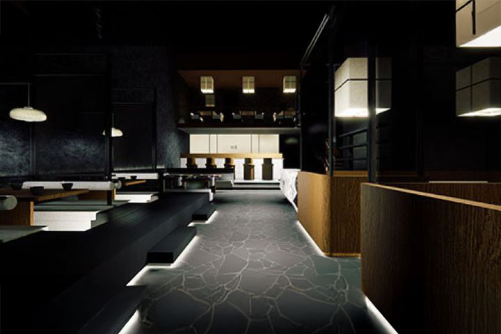 This is an image of a modern and sleekly designed interior space. It is dimly lit with lights surrounding the area.