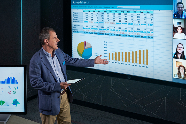 A lecturer presenting a spreadsheet with numerical data, percentages, dollar amounts, and the months September through December.