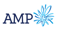 AMP logo featuring bold dark blue letters “AMP” on the left and an abstract, interwoven blue line design on the right, set against a light gray background.