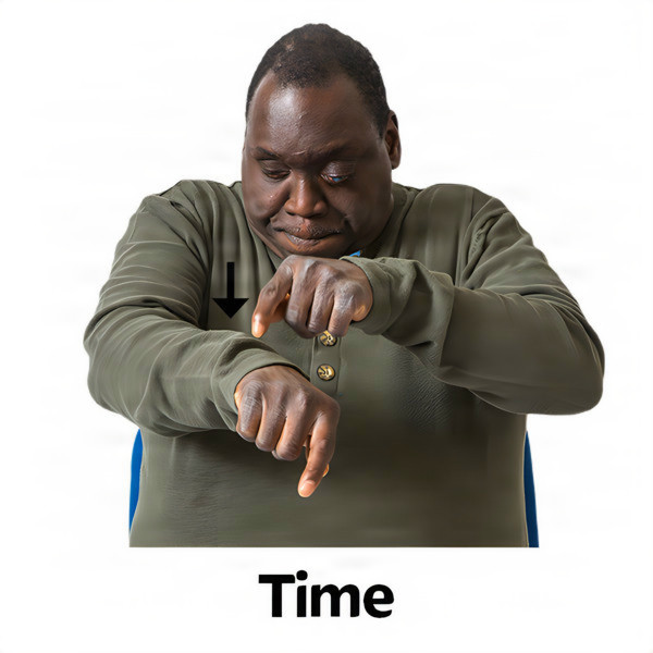 A man pointing at his wrist to indicate time.