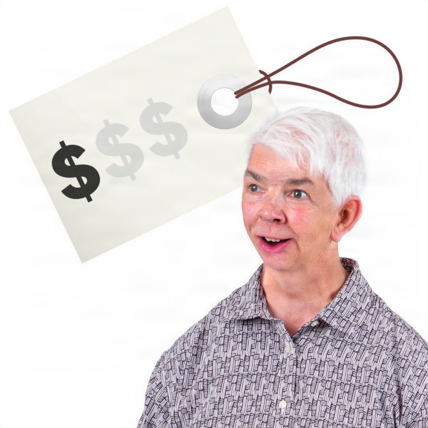 A person with white hair next to a price tag with a black dollar sign, and 2 faded dollar signs.