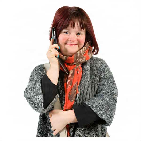 Person smiling while talking on a mobile phone, wearing a grey sweater and red scarf.