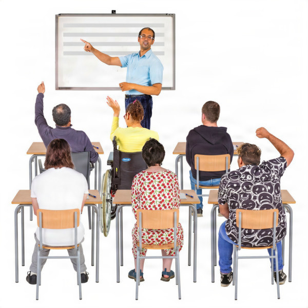 A teacher points at a whiteboard while students, including one in a wheelchair, face him, some raising hands.