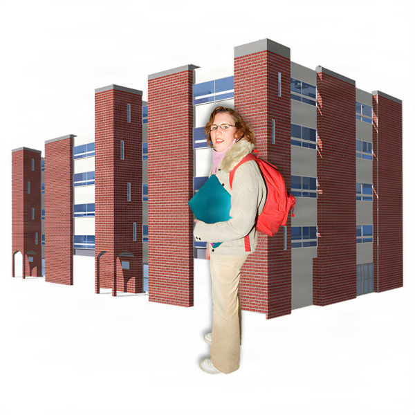 Woman with a red backpack holding a teal folder in front of a modern red brick building.