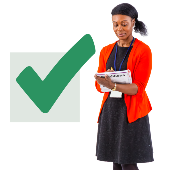 Woman in professional attire holding a notepad with a large green checkmark symbol beside her.