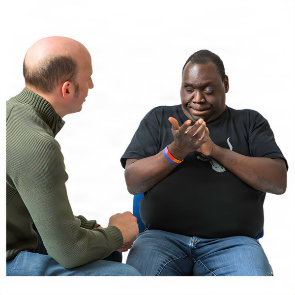 Two men engaged in a conversation, one listening intently while the other has his hands clasped.