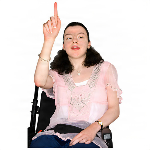 Young woman in a wheelchair pointing up with her index finger.