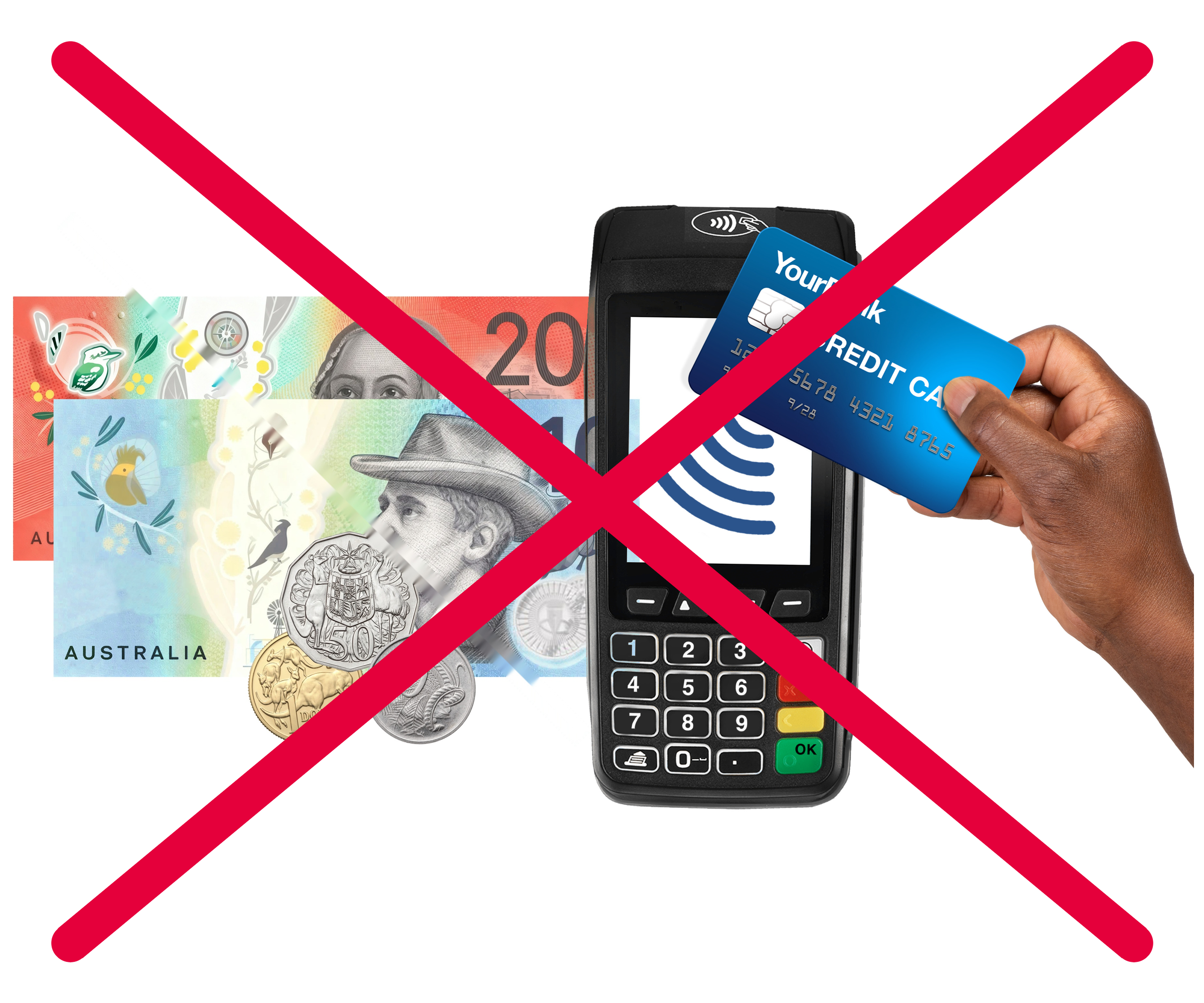 Australian banknotes and coins and an EFTPOS terminal crossed by a red line.
