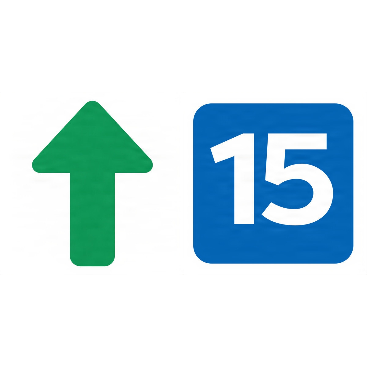A green upward-pointing arrow and blue square with the white number 15.