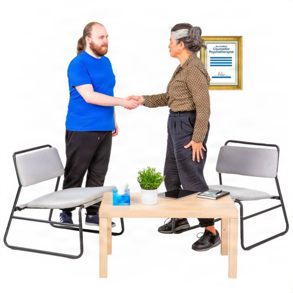 Two people shaking hands in a professional office setting with chairs, a table, and a certificate on the wall.