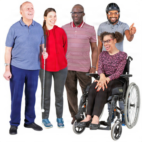 Group of five diverse individuals with disabilities smiling and standing together.
