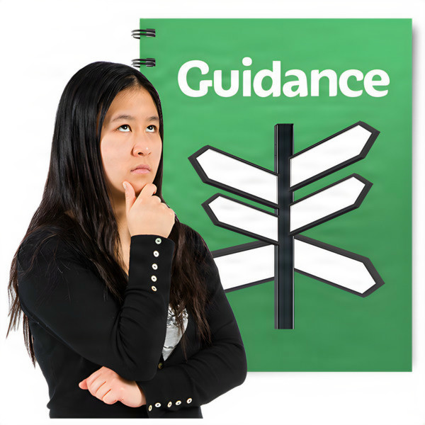 A thoughtful woman standing next to a green sign with 'Guidance' written on it and a signpost illustration.