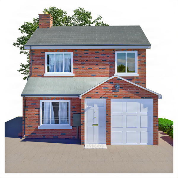 Two-story brick house with a garage and a chimney.