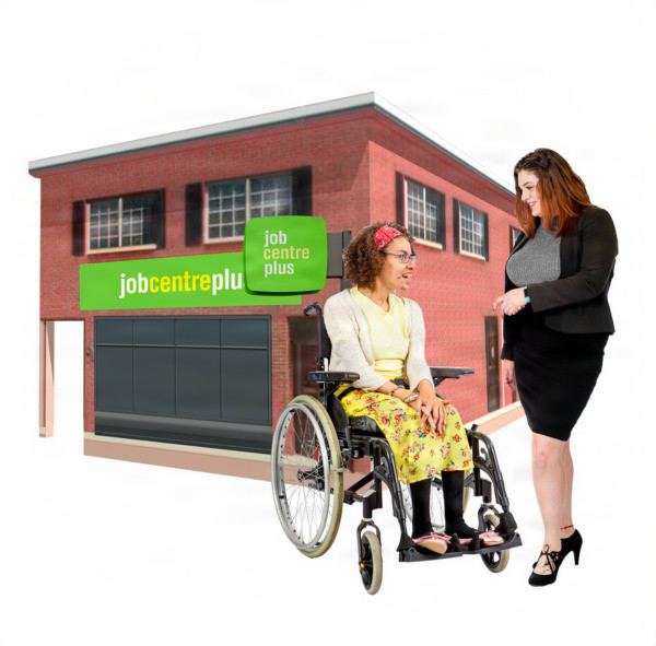 A woman in a wheelchair conversing with another woman in front of a Job Centre Plus building.