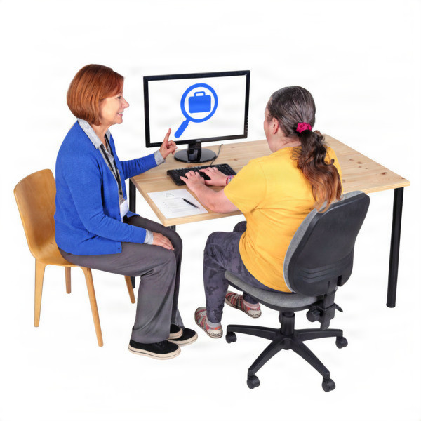 Two people at a table with a computer, discussing something on the screen.