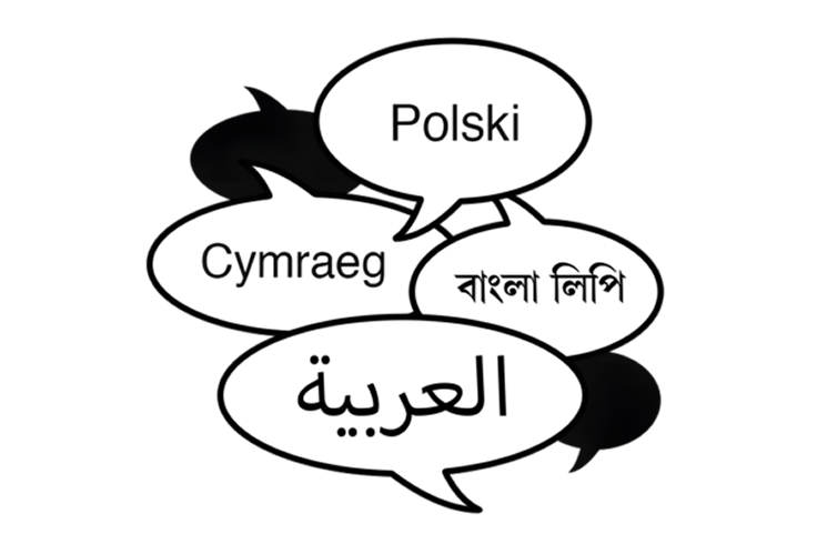 Speech bubbles with text in different languages including Polish, Welsh, Bengali and Arabic.