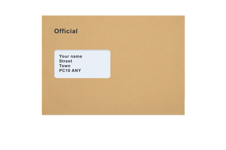 A brown envelope with an address window. 