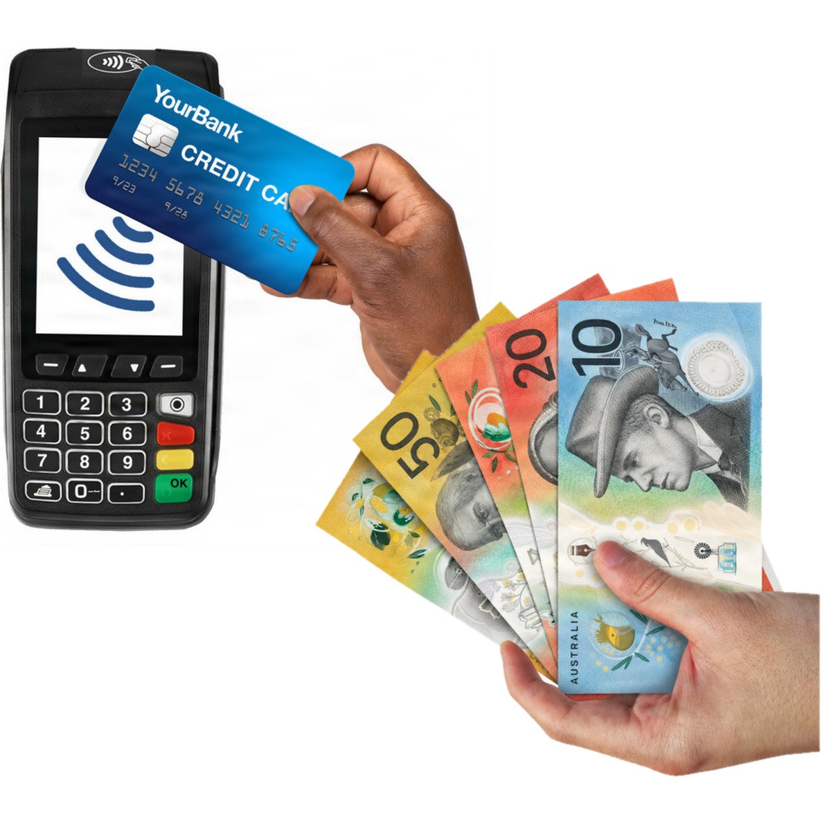 A hand holding Australian banknotes and a hand holding a blue credit card near a payment terminal.