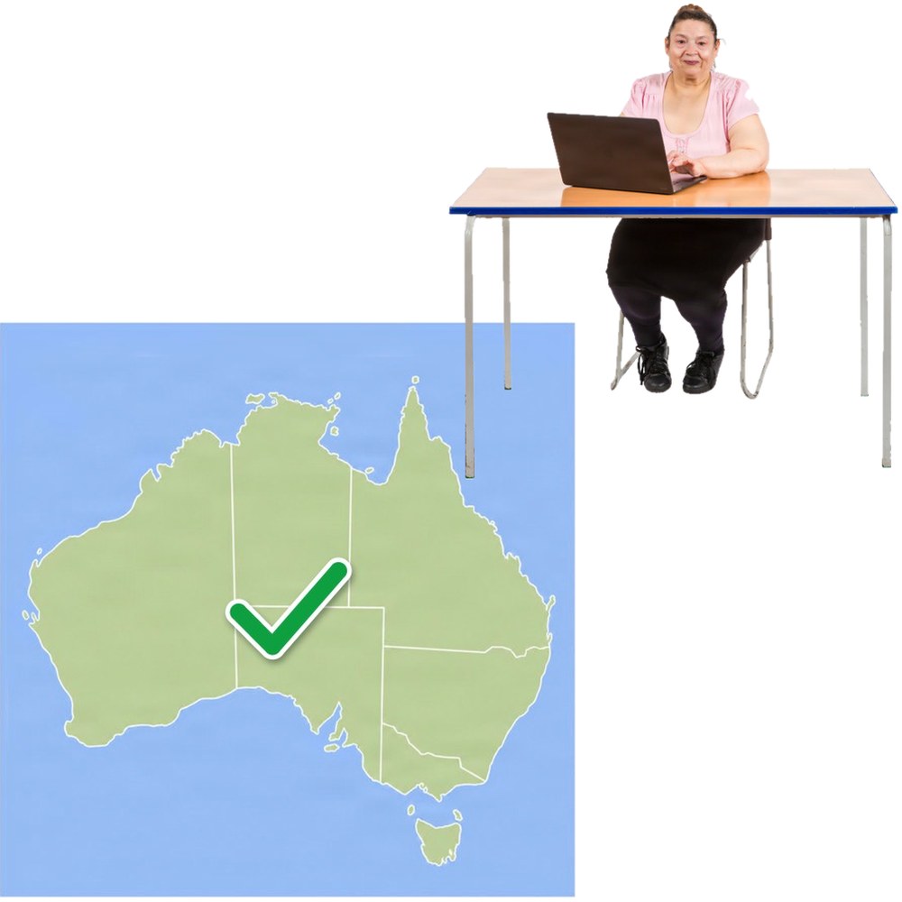 Simplified map of Australia showing states and territories with a green tick at the centre, and a woman sitting at a desk with a laptop.