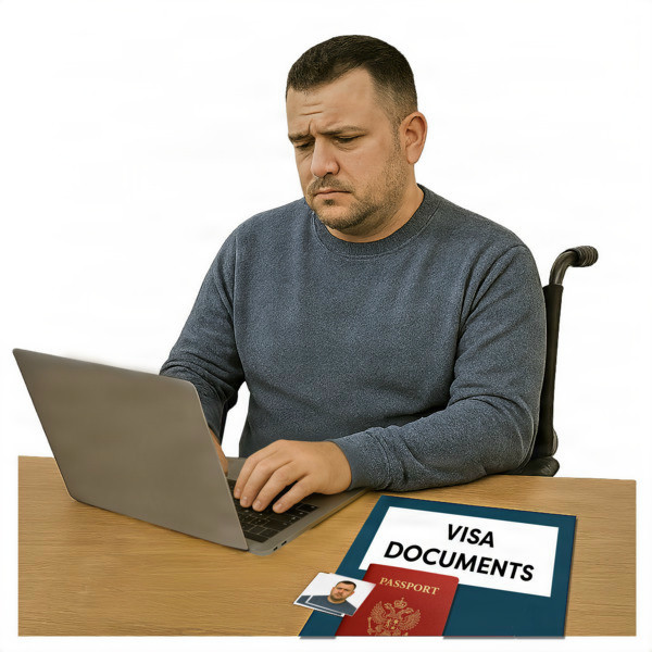 Man using a laptop with visa documents, passport, and ID card on a desk.