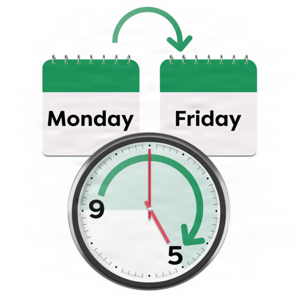 Calendars showing Monday to Friday with a clock from 9 to 5.