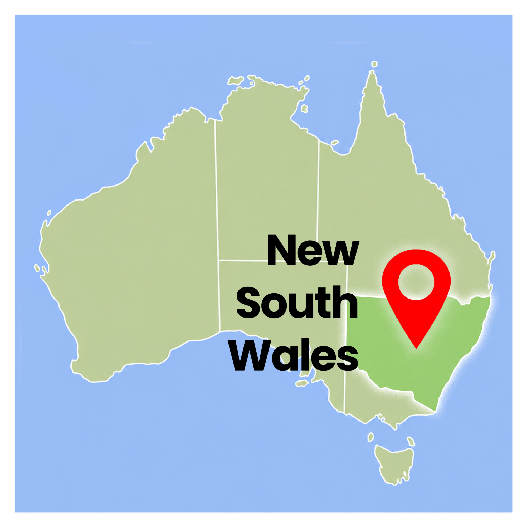 Map of Australia highlighting New South Wales with a red pin.